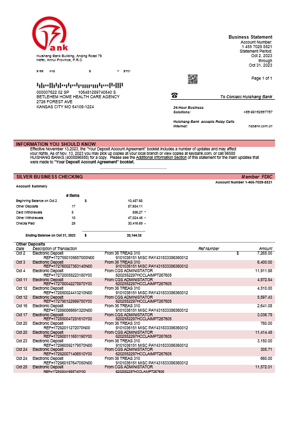 Modèle Word et PDF de relevé de compte de la Huishang Bank
